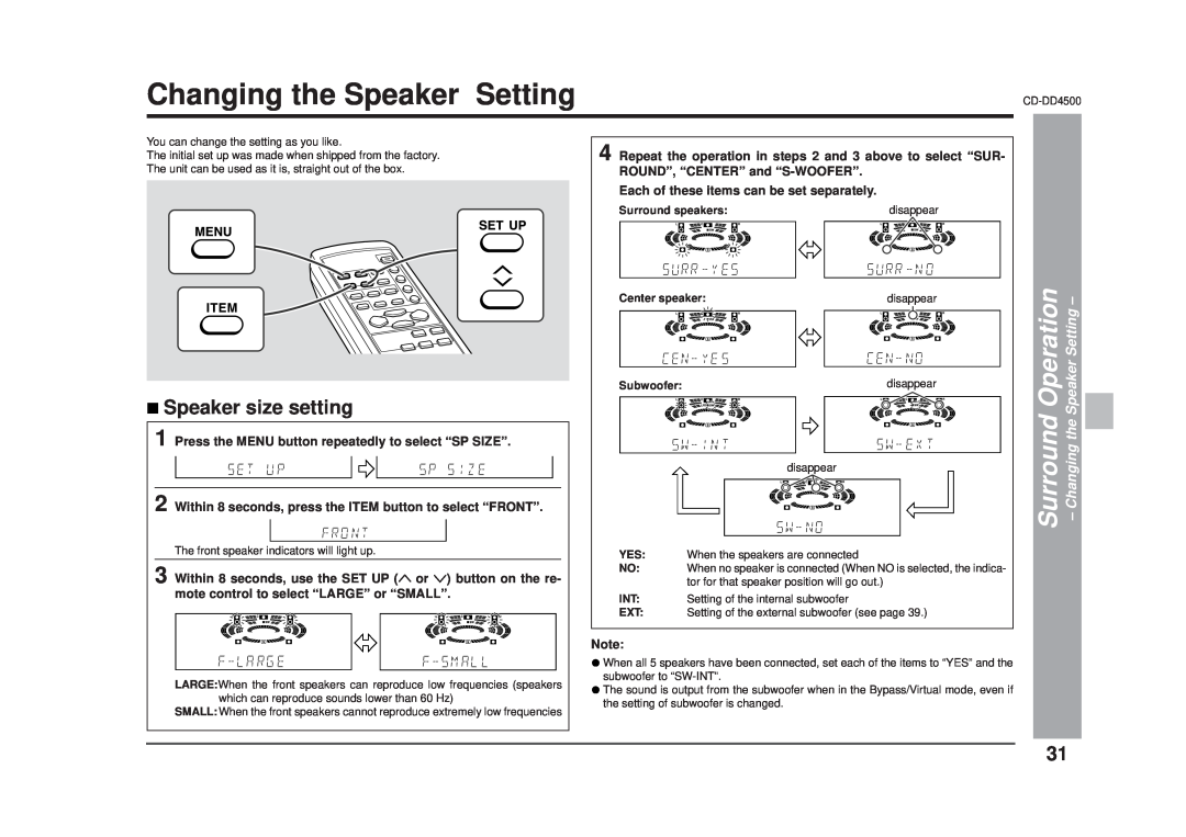 Sharp CD-DD4500 operation manual Changing the Speaker Setting, Operation, Surround 