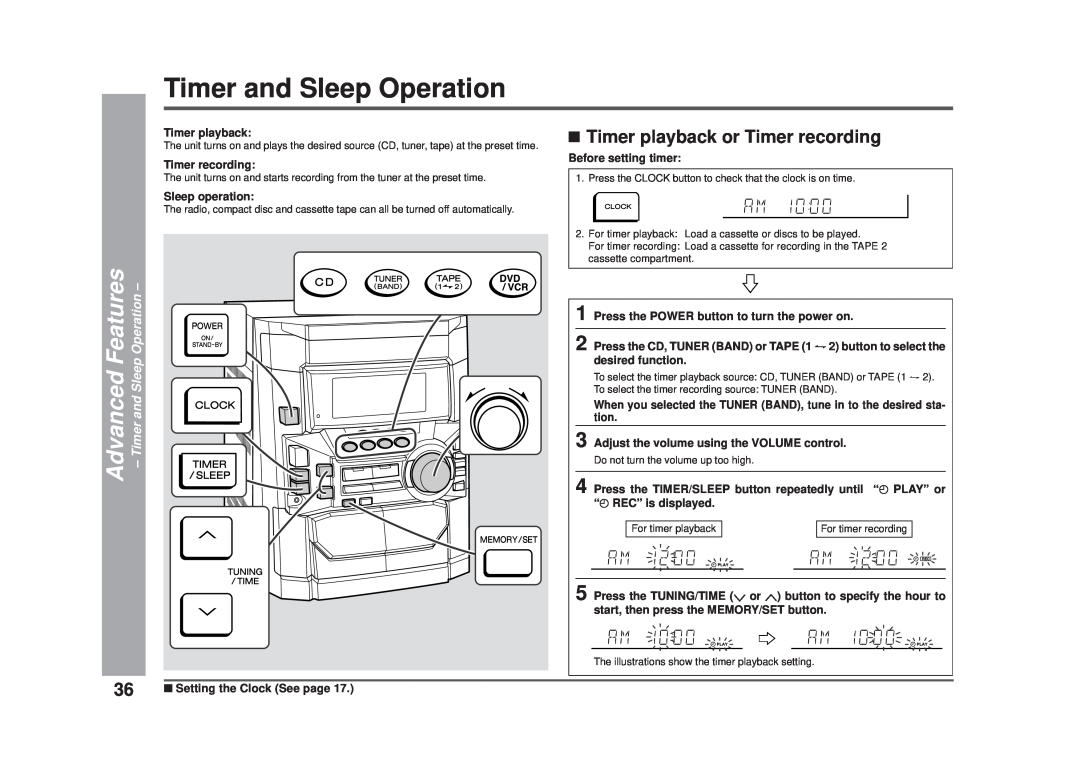 Sharp CD-DD4500 operation manual Timer and Sleep Operation, Timer playback or Timer recording 