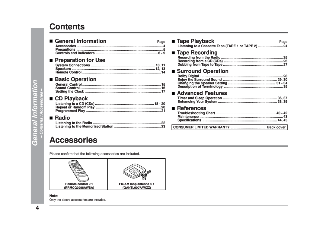 Sharp CD-DD4500 operation manual Contents, Accessories 