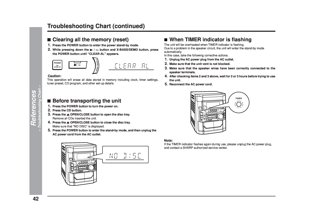 Sharp CD-DD4500 Troubleshooting Chart continued, References, automatically, the POWER button until “CLEAR AL” appears 