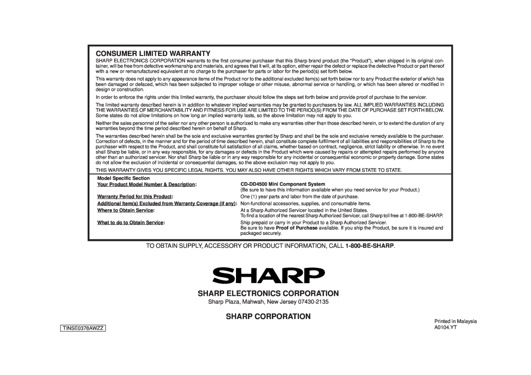 Sharp CD-DD4500 Sharp Electronics Corporation, Sharp Corporation, Consumer Limited Warranty, Model Specific Section 