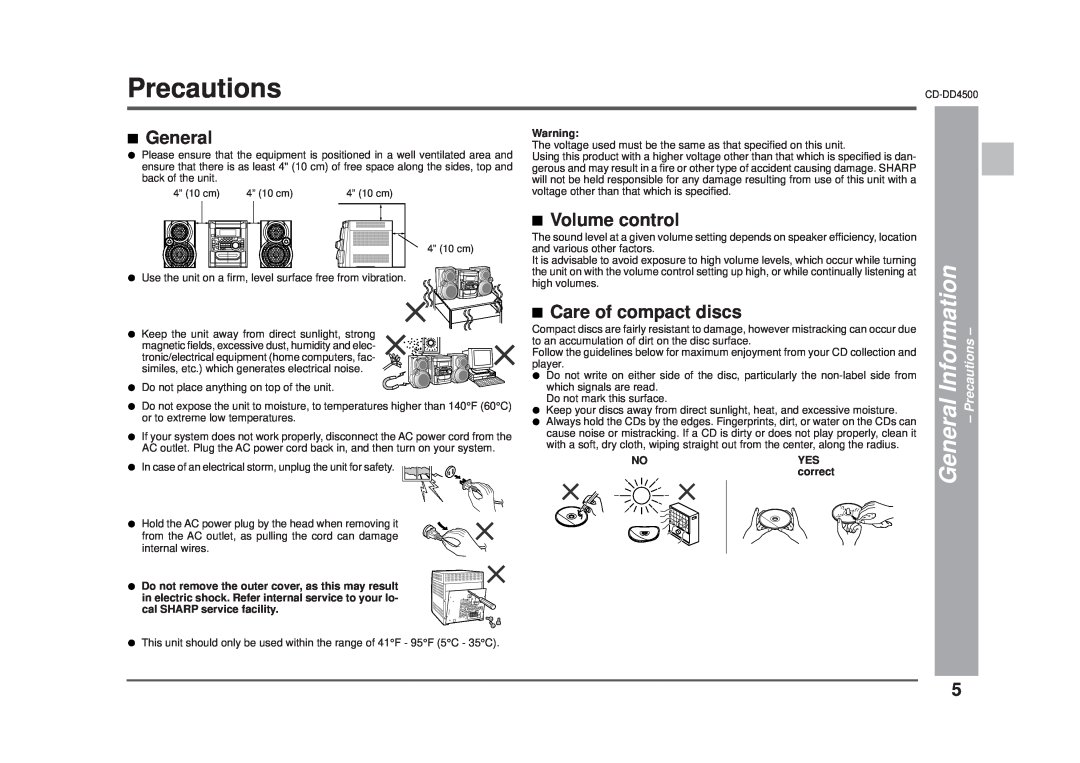 Sharp CD-DD4500 operation manual Precautions, General Information 