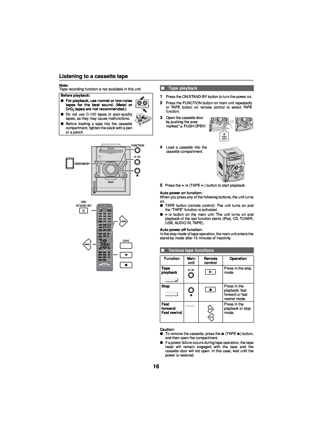 Sharp CD-DH790NH operation manual Listening to a cassette tape, Tape playback, Various tape functions 