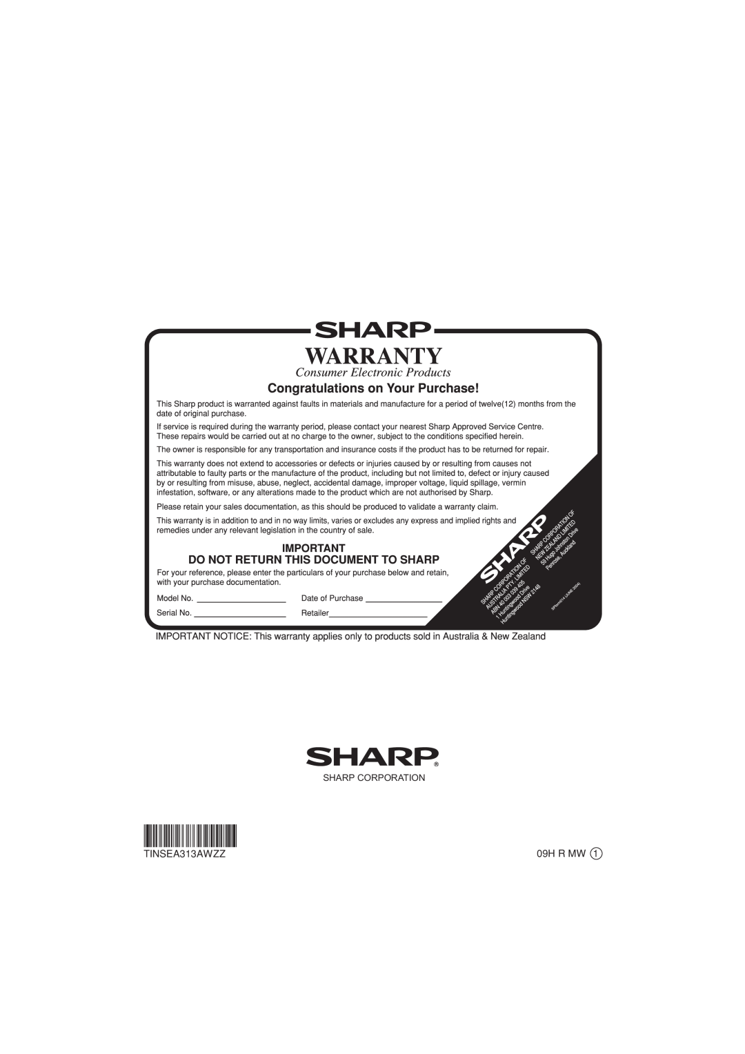 Sharp CD-DH790NH operation manual TINSEA313AWZZ, 09H R MW, Sharp Corporation 