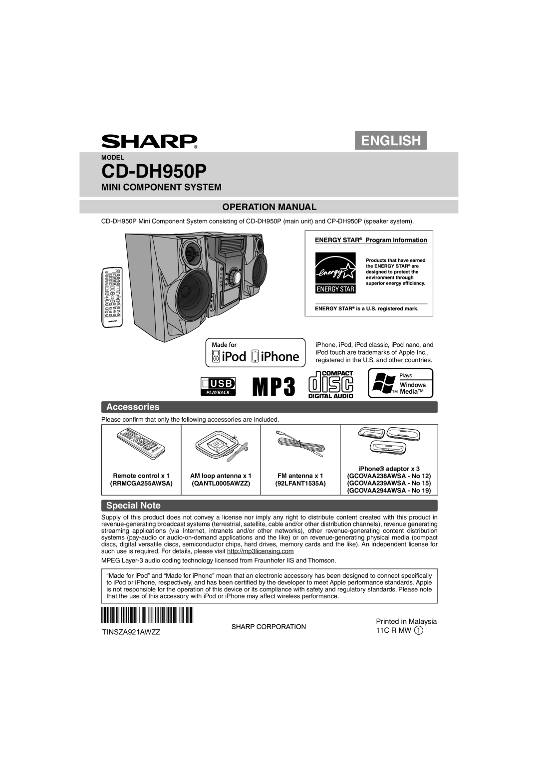 Sharp CD-DH950P operation manual Accessories, Special Note 