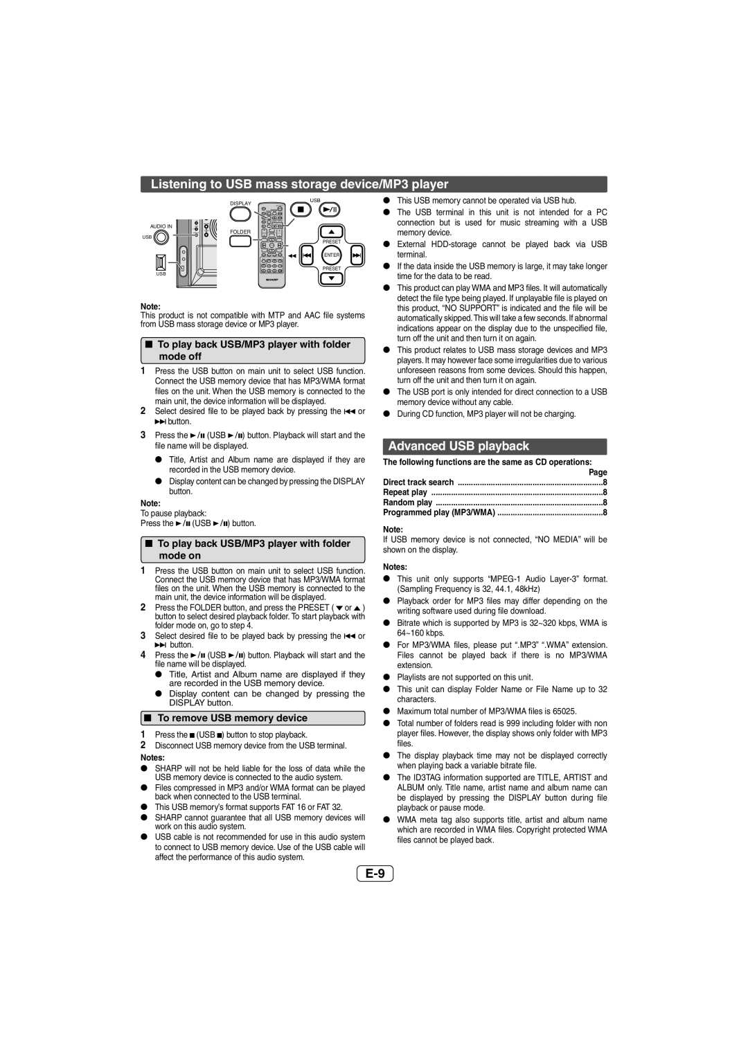 Sharp CD-DH950P Listening to USB mass storage device/MP3 player, Advanced USB playback, To remove USB memory device 