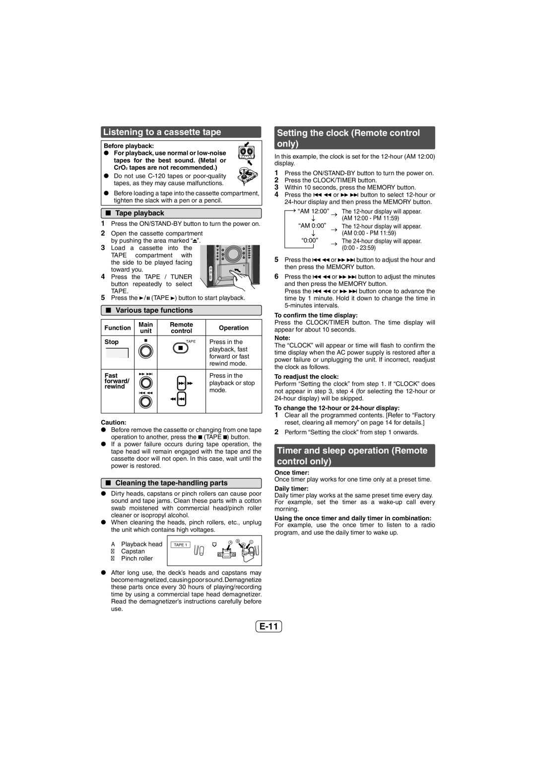 Sharp CD-DH950P operation manual Listening to a cassette tape, Setting the clock Remote control only 