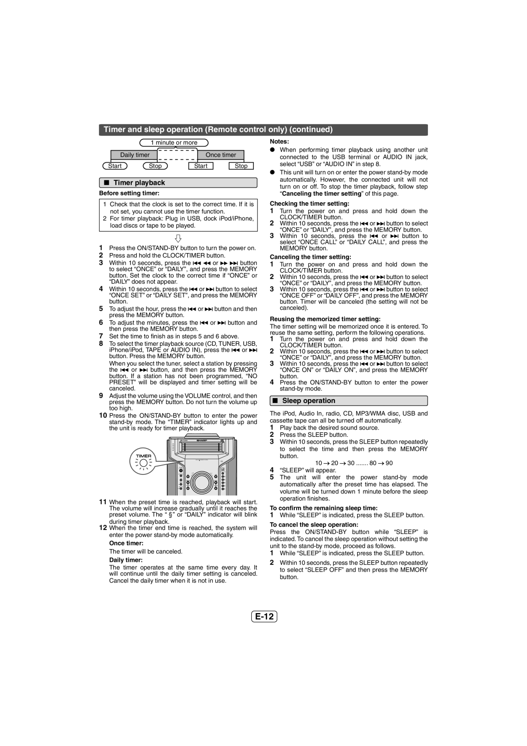 Sharp CD-DH950P operation manual Timer and sleep operation Remote control only, Timer playback, Sleep operation 