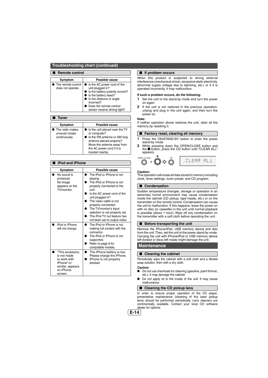 Sharp CD-DH950P operation manual Maintenance, Troubleshooting chart 