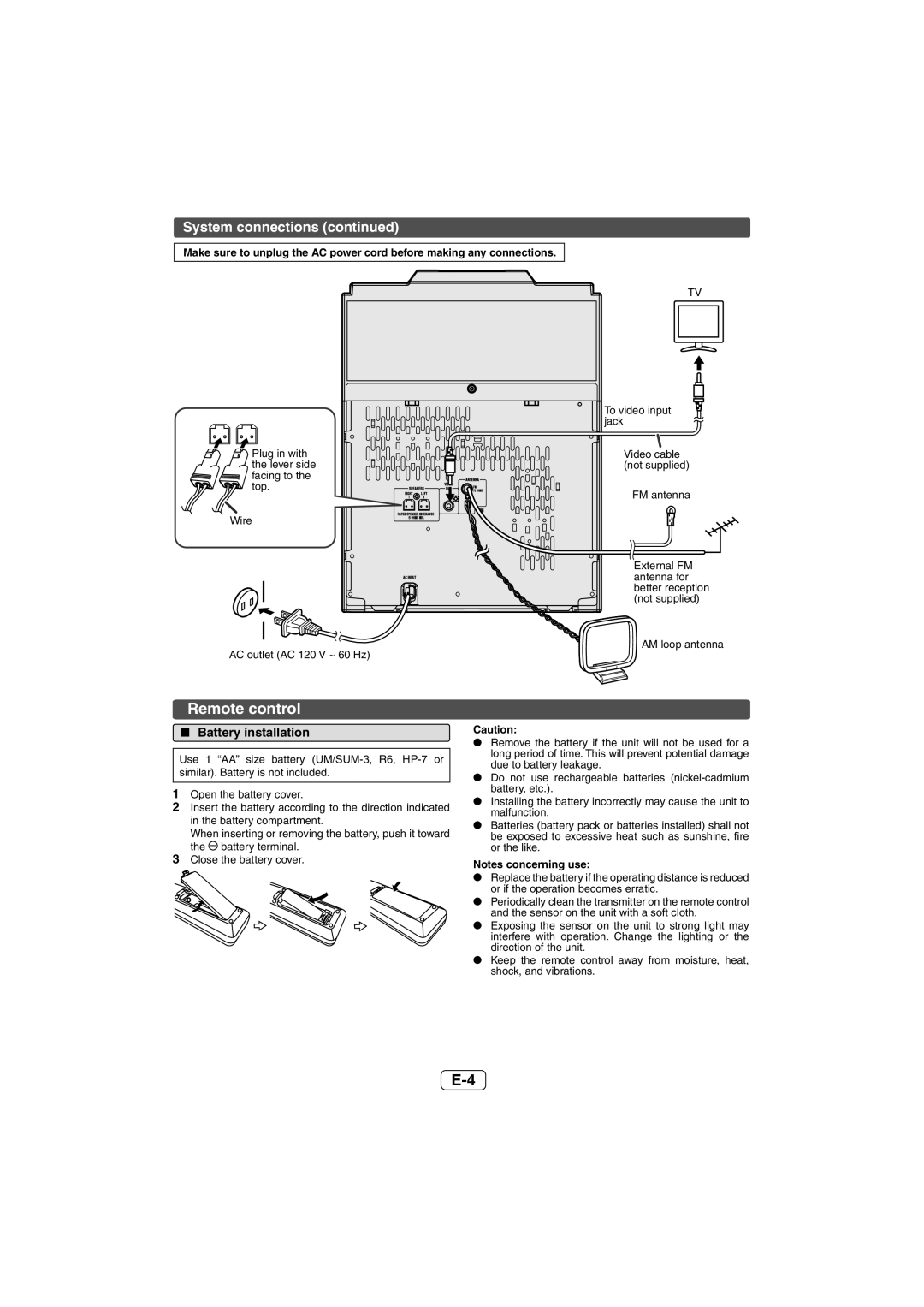 Sharp CD-DH950P operation manual Remote control, System connections, Battery installation 