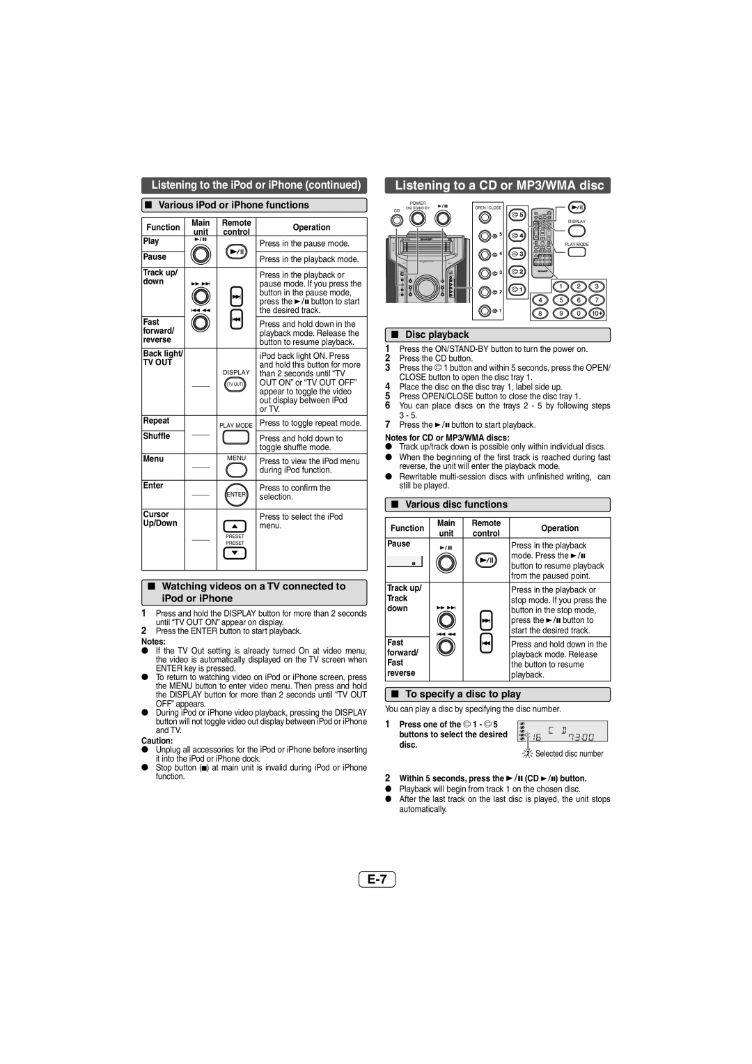 Sharp CD-DH950P operation manual Listening to a CD or MP3/WMA disc, Watching videos on a TV connected to, IPod or iPhone 