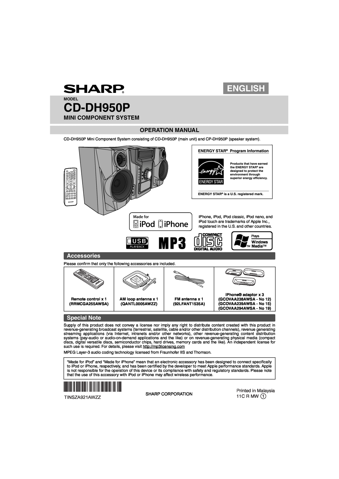 Sharp CD-DH950P operation manual Accessories, Special Note, 11C R MW, English, TINSZA921AWZZ 