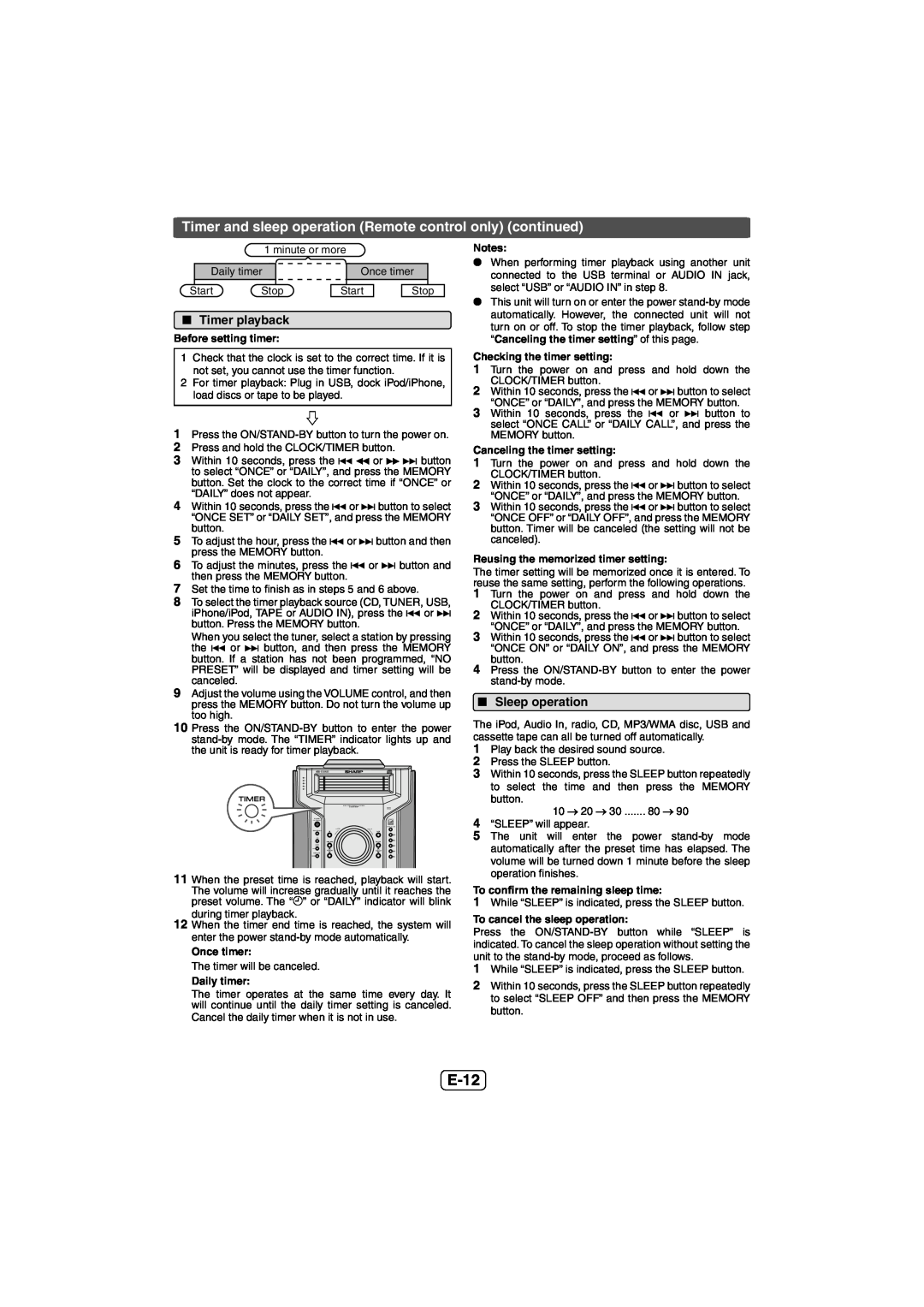 Sharp CD-DH950P operation manual E-12, QTimer playback, QSleep operation 