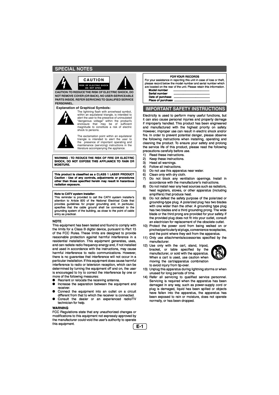 Sharp CD-DH950P operation manual Special Notes, Important Safety Instructions 