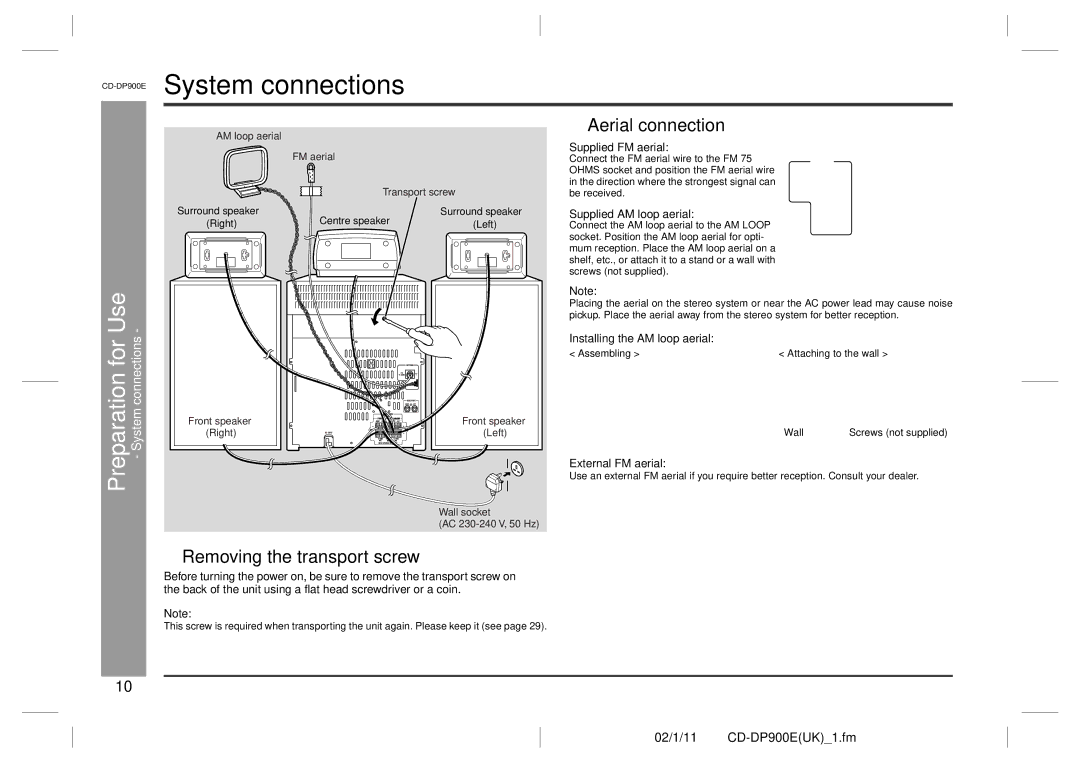 Sharp CD-DP900E operation manual System connections, Aerial connection, Removing the transport screw 