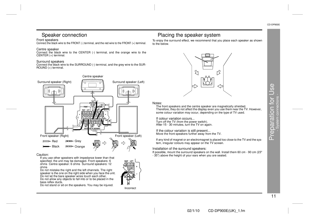 Sharp CD-DP900E operation manual Speaker connection, Placing the speaker system 