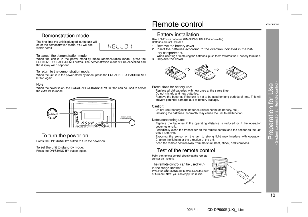 Sharp CD-DP900E Remote control, Demonstration mode, To turn the power on, Battery installation, Test of the remote control 