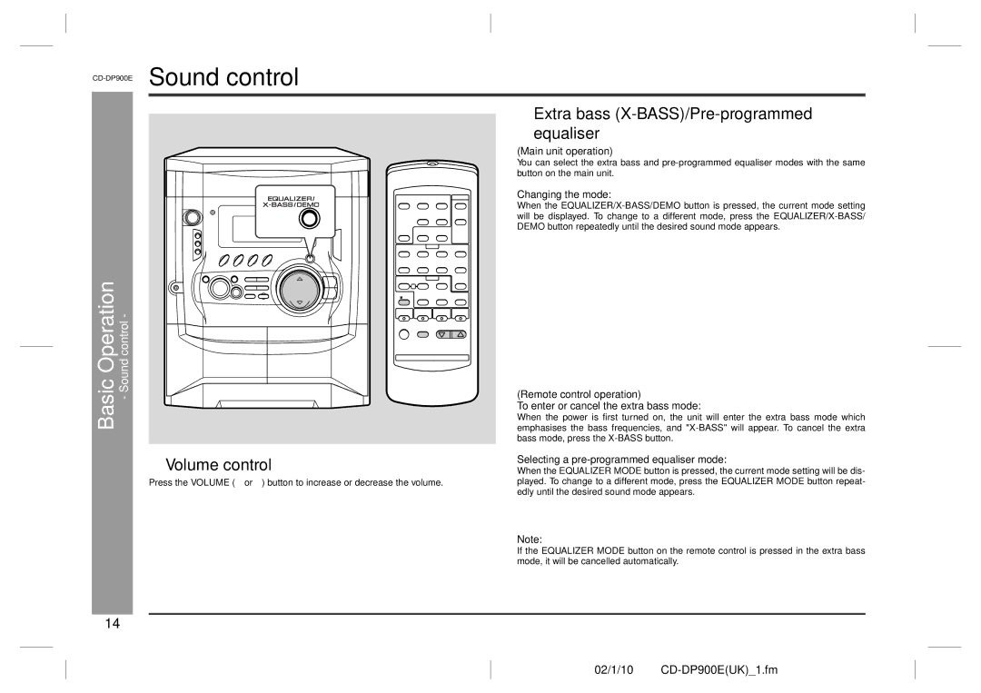 Sharp operation manual CD-DP900ESound control, Extra bass X-BASS/Pre-programmed, Equaliser 