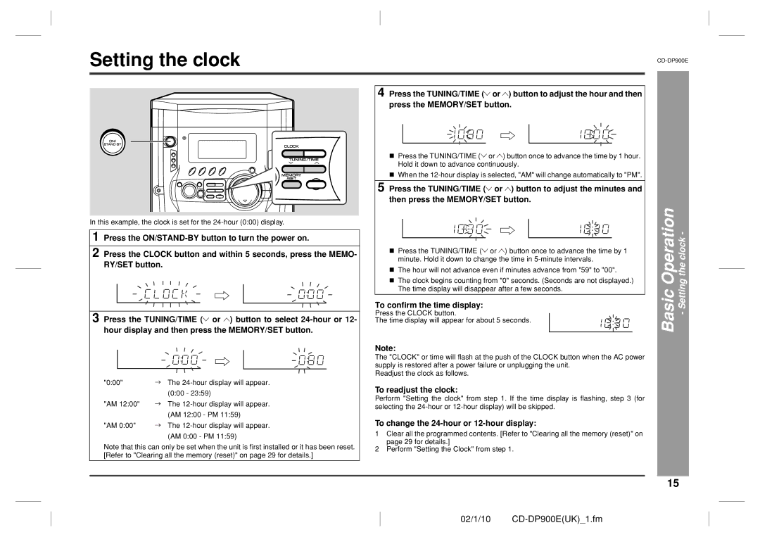 Sharp CD-DP900E operation manual Basic Operation Setting the clock, To confirm the time display, To readjust the clock 