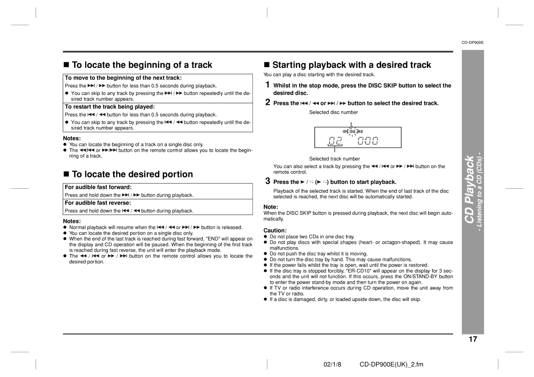 Sharp CD-DP900E To locate the beginning of a track, To locate the desired portion, Starting playback with a desired track 