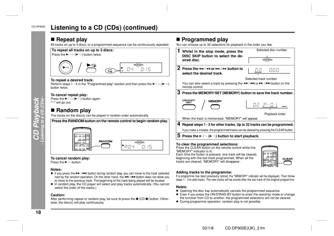 Sharp CD-DP900E operation manual Repeat play, Random play, Programmed play 