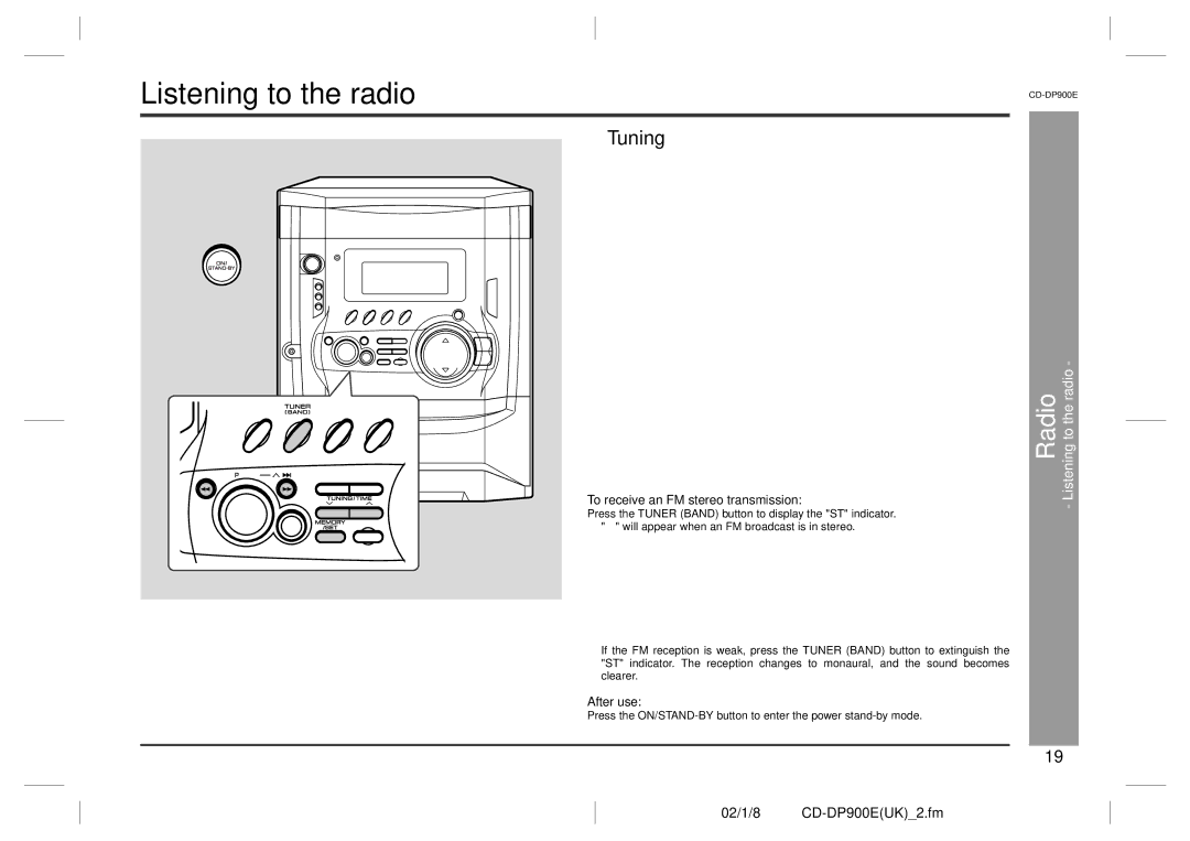 Sharp CD-DP900E Tuning, Radio Listening to the radio, Auto tuning, To receive an FM stereo transmission 