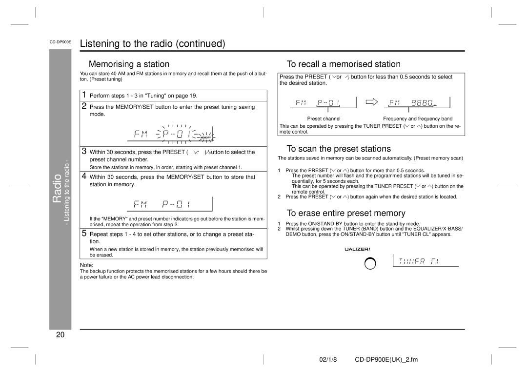 Sharp CD-DP900E Memorising a station, To scan the preset stations, To erase entire preset memory, Preset channel 