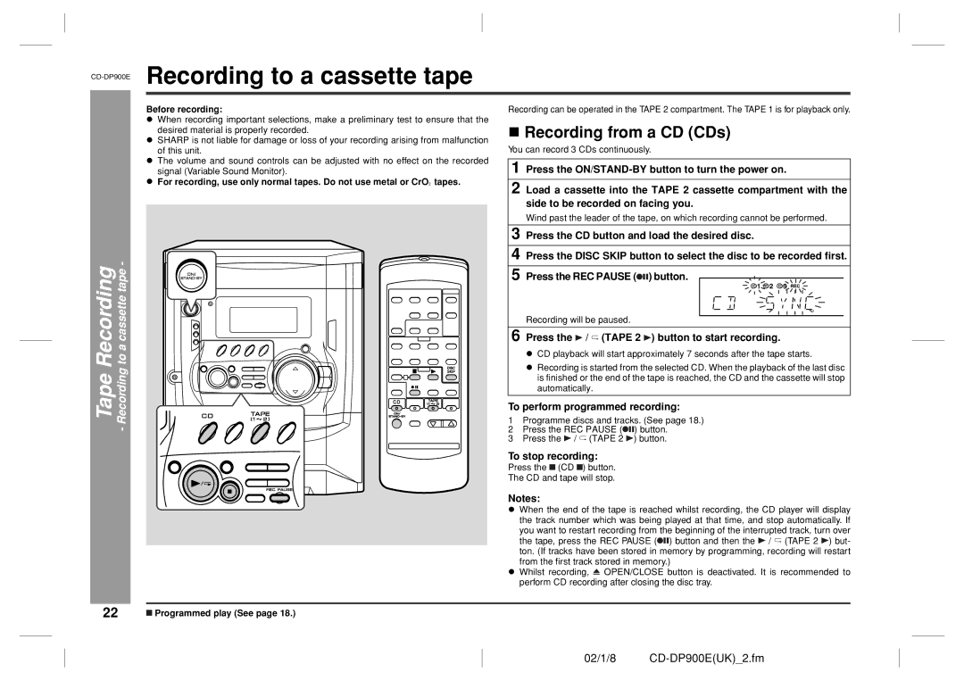 Sharp CD-DP900E operation manual Recording from a CD CDs, Tape Recording Recording to a cassette tape 