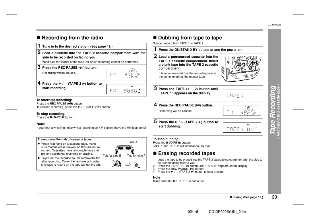 Sharp CD-DP900E operation manual Recording from the radio, Dubbing from tape to tape, Erasing recorded tapes 