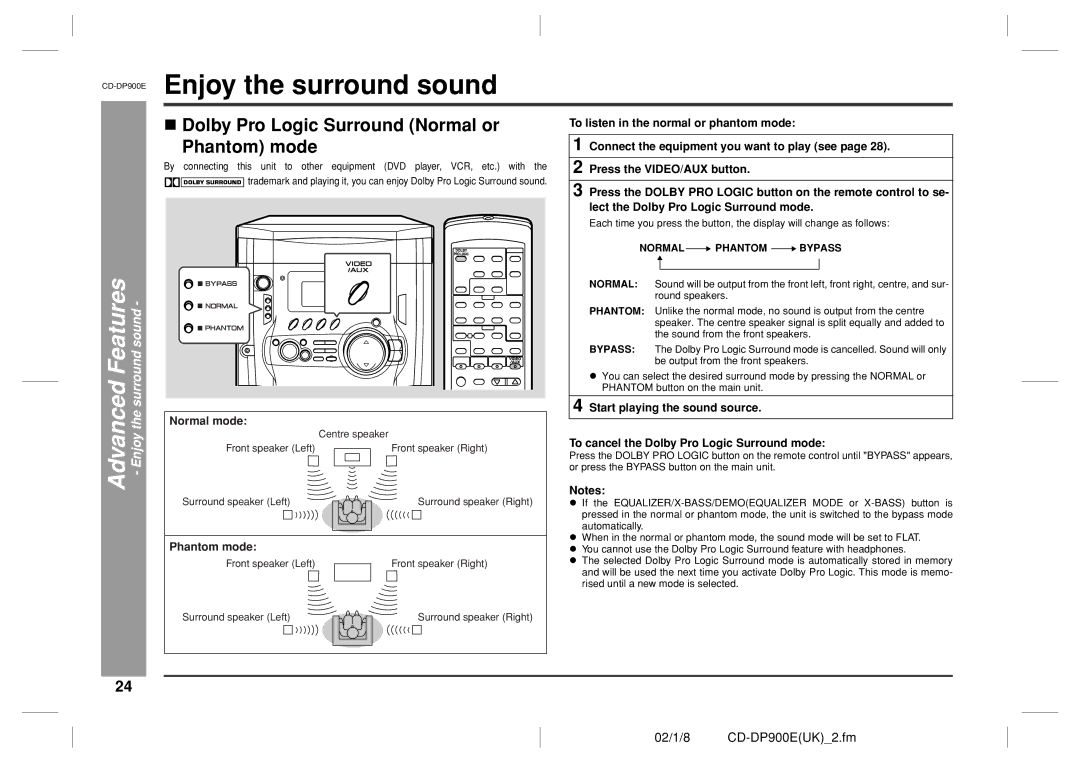 Sharp CD-DP900E operation manual Phantom mode, Advanced Features Enjoy the surround sound 