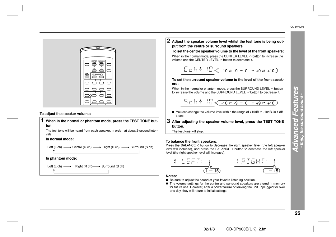 Sharp CD-DP900E operation manual Normal mode, To balance the front speakers 