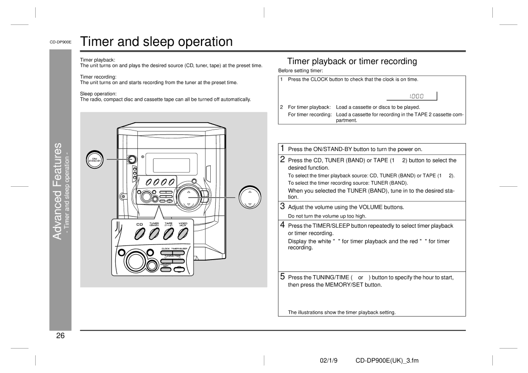 Sharp CD-DP900E operation manual Timer playback or timer recording, Advanced Features Timer and sleep operation 