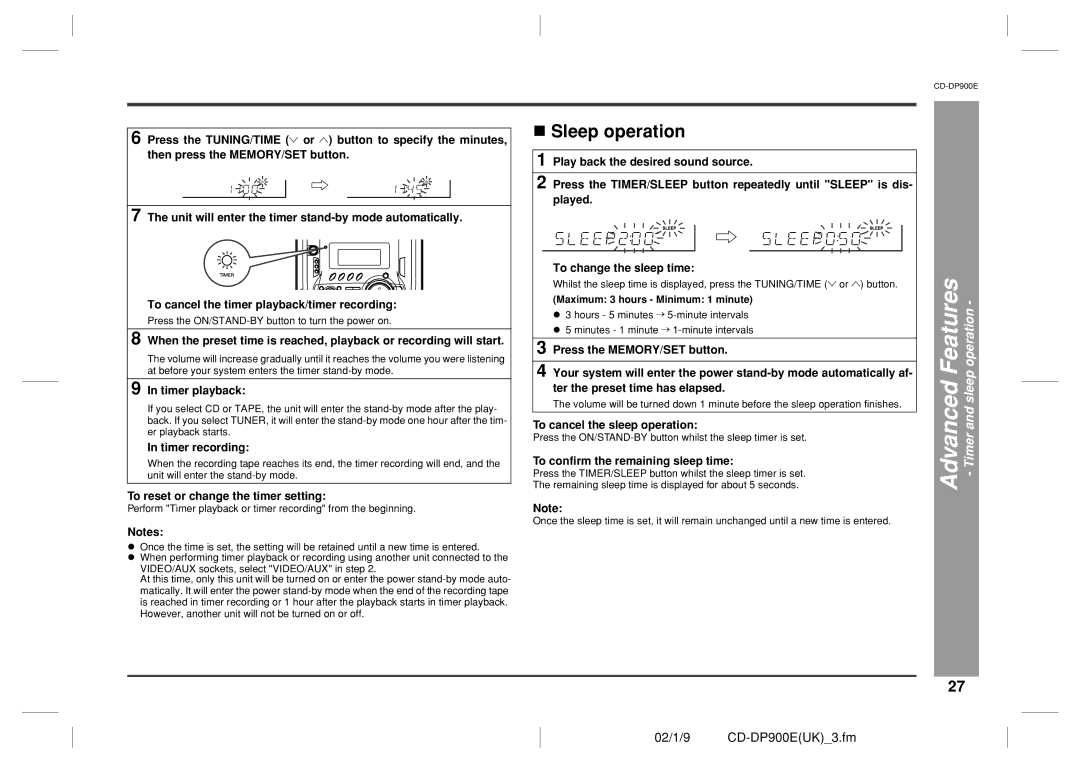 Sharp CD-DP900E operation manual Sleep operation 