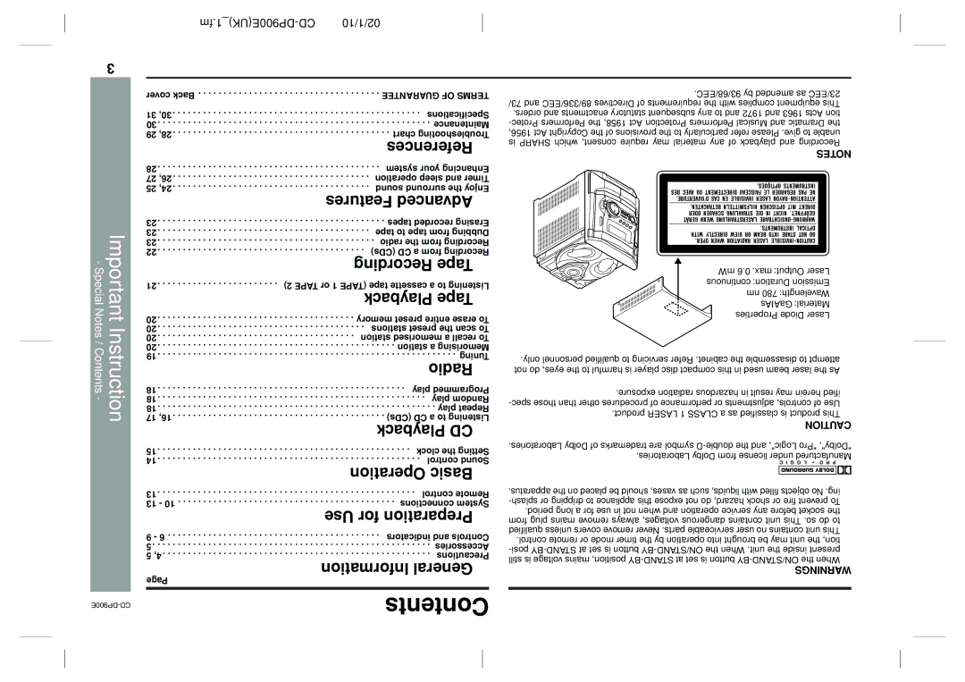 Sharp CD-DP900E operation manual Contents 