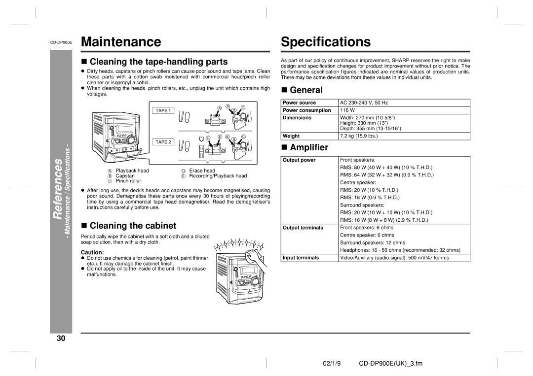 Sharp CD-DP900E Maintenance, Specifications, Cleaning the tape-handling parts, Cleaning the cabinet, Amplifier 