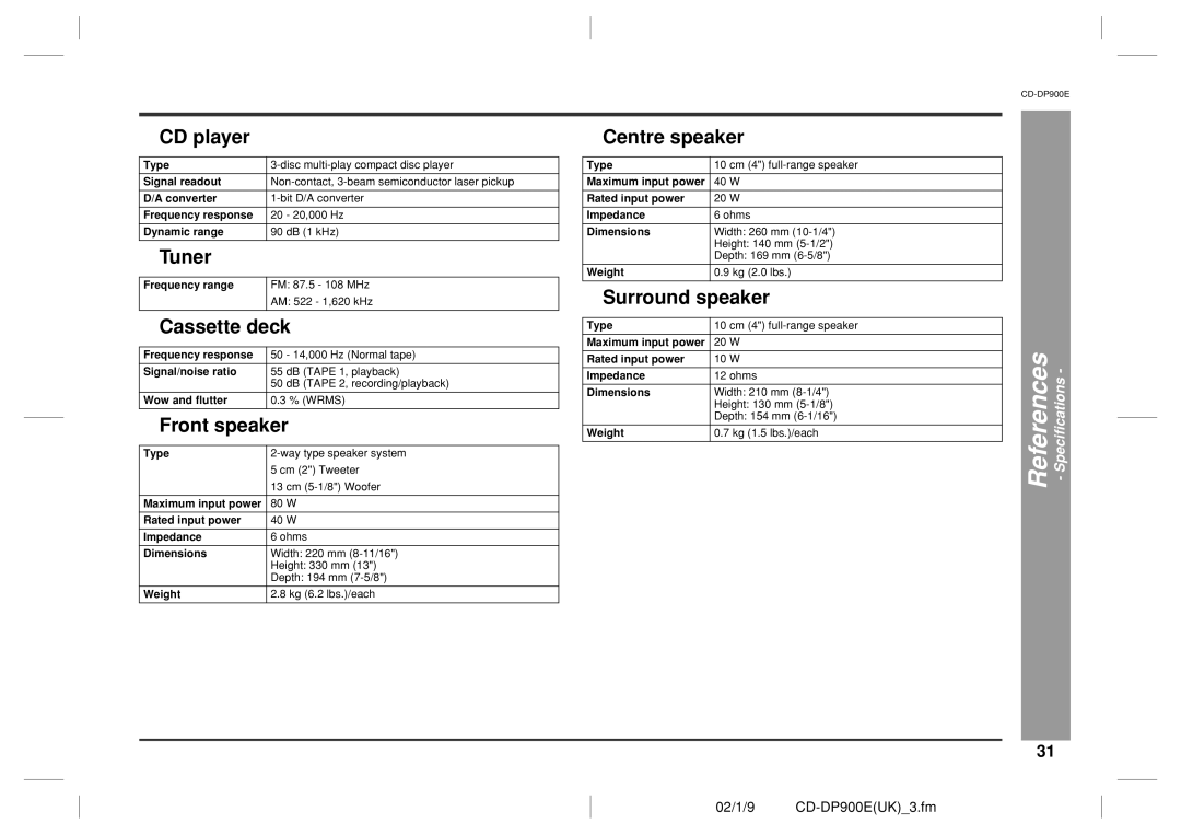 Sharp CD-DP900E operation manual Surround speaker, Specifications 