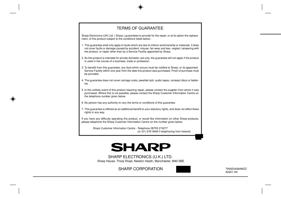 Sharp CD-DP900E operation manual Terms of Guarantee, A0201.HK 