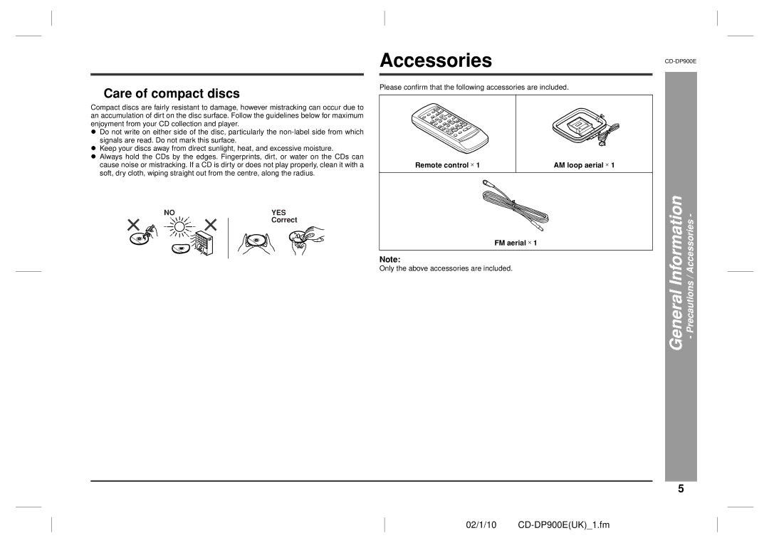 Sharp CD-DP900E operation manual Care of compact discs, General Information Precautions / Accessories 