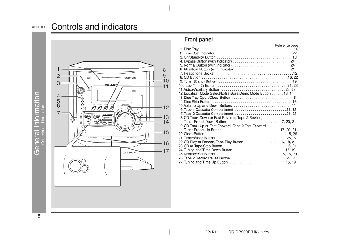 Sharp CD-DP900E operation manual Controls and indicators, Front panel, Indicators 