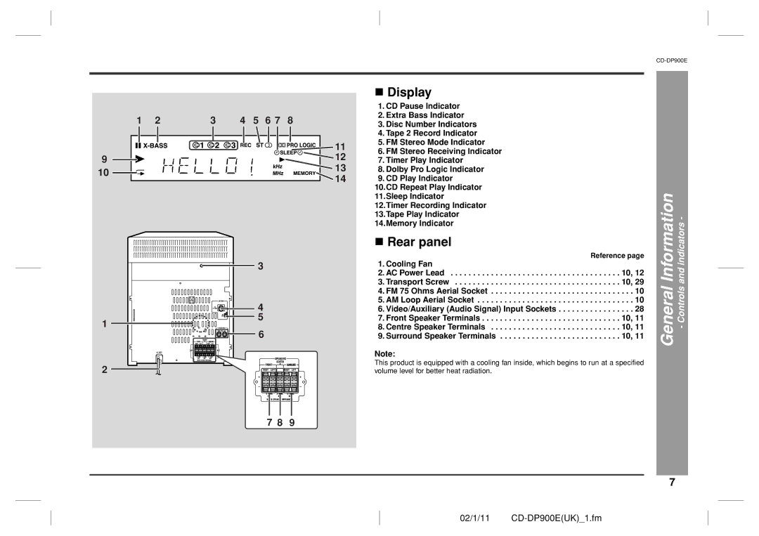 Sharp CD-DP900E operation manual Display, Rear panel, Sleep Indicator, Cooling Fan, AC Power Lead Transport Screw 