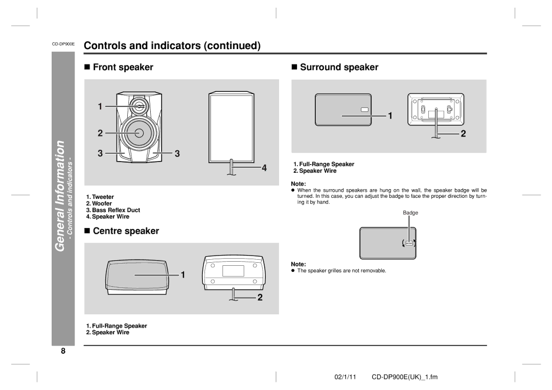 Sharp CD-DP900E Front speaker, Centre speaker, Information and indicators, General, Full-Range Speaker Speaker Wire 