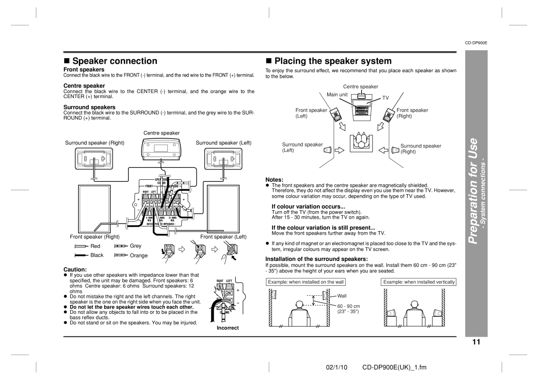 Sharp operation manual Speaker connection, Placing the speaker system, 02/1/10 CD-DP900EUK 1.fm, for Use, Incorrect 