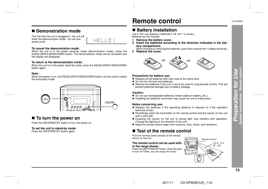 Sharp CD-DP900E Remote control, Demonstration mode, To turn the power on, Battery installation, Test of the remote control 