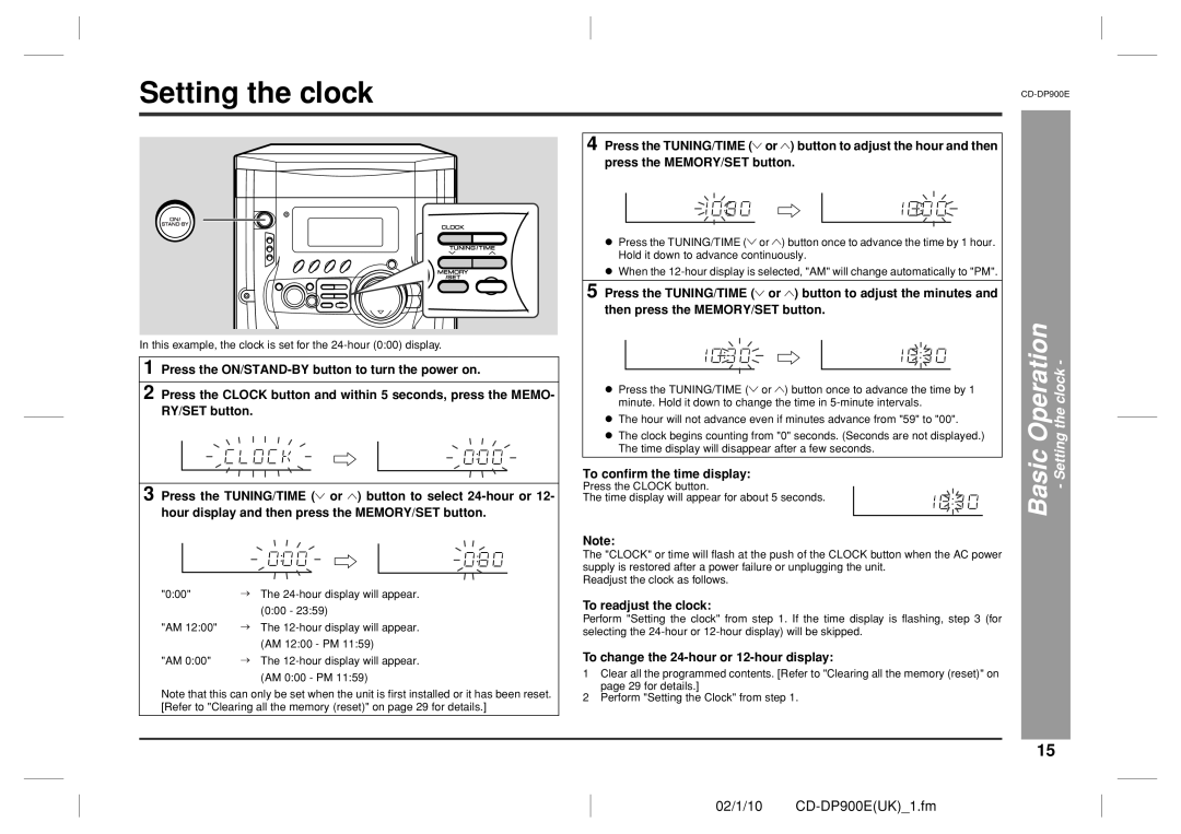 Sharp operation manual Basic Operation - Setting the clock, 02/1/10 CD-DP900EUK 1.fm 
