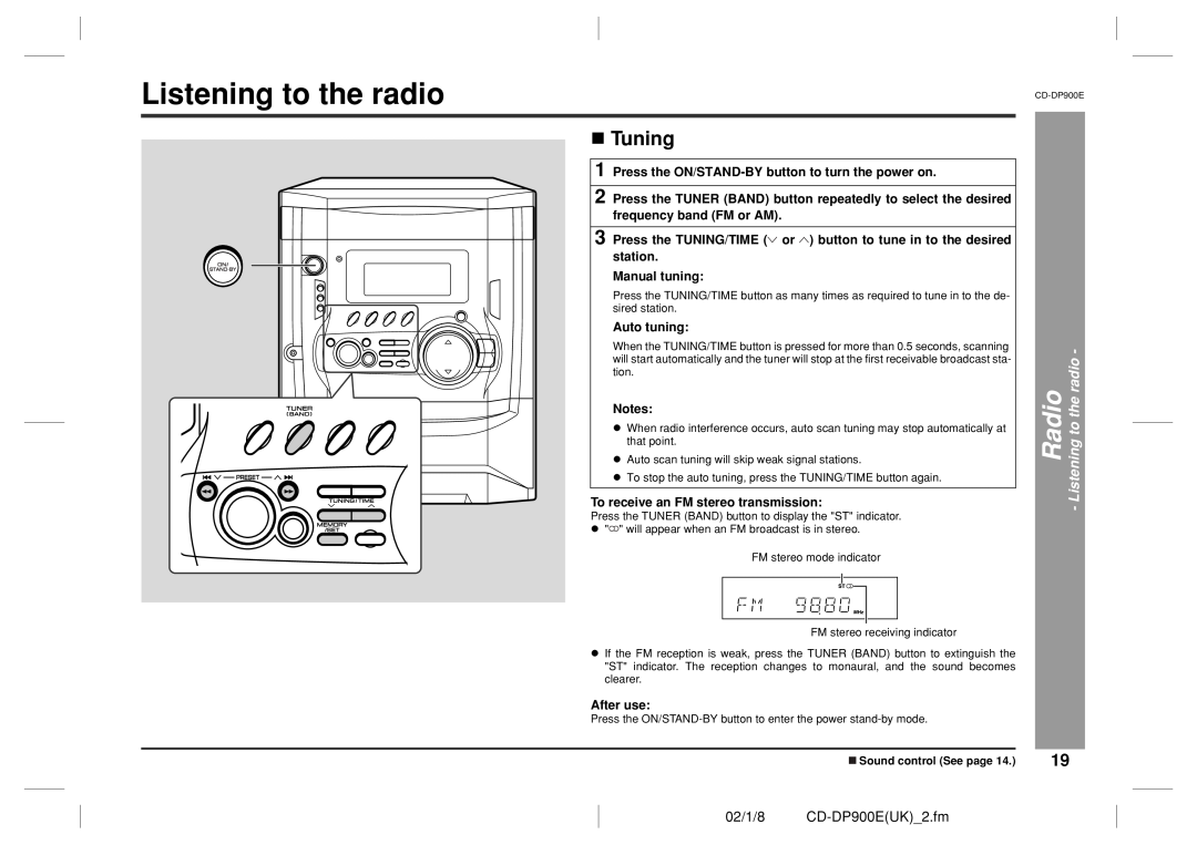 Sharp operation manual Tuning, Radio - Listening to the radio, 02/1/8 CD-DP900EUK 2.fm, Sound control See page 