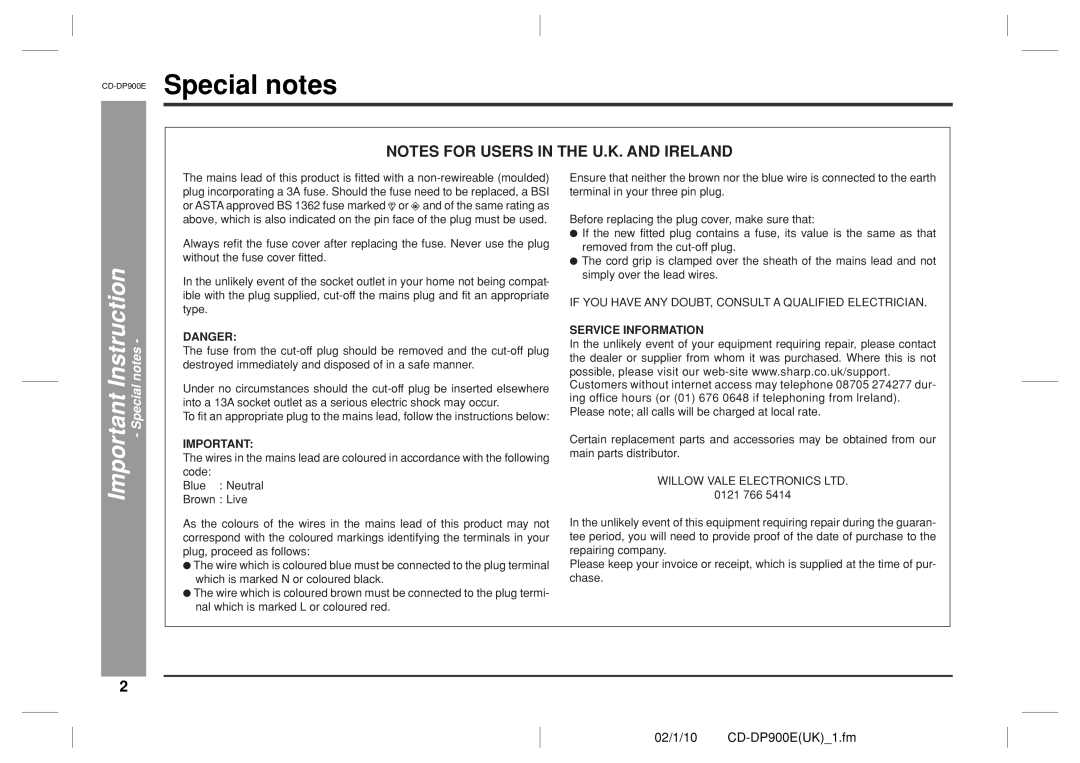 Sharp Special notes, Important Instruction, Notes For Users In The U.K. And Ireland, 02/1/10 CD-DP900EUK 1.fm 