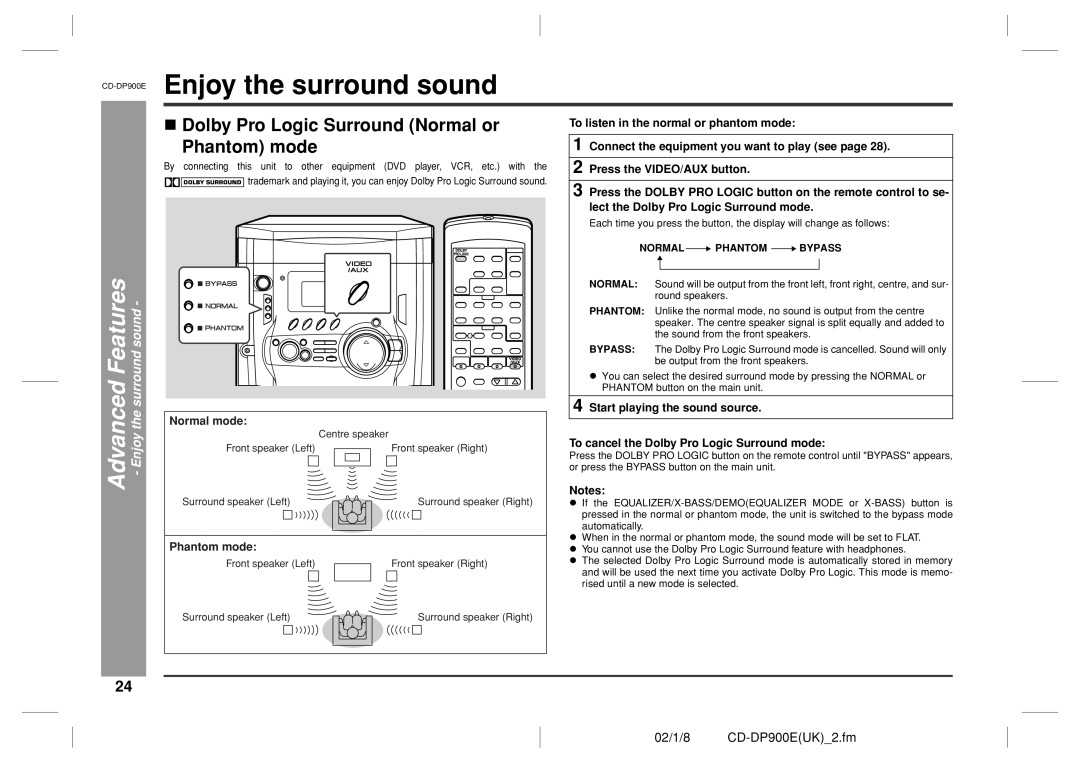 Sharp Enjoy the surround sound, Phantom mode, Dolby Pro Logic Surround Normal or, 02/1/8 CD-DP900EUK 2.fm 