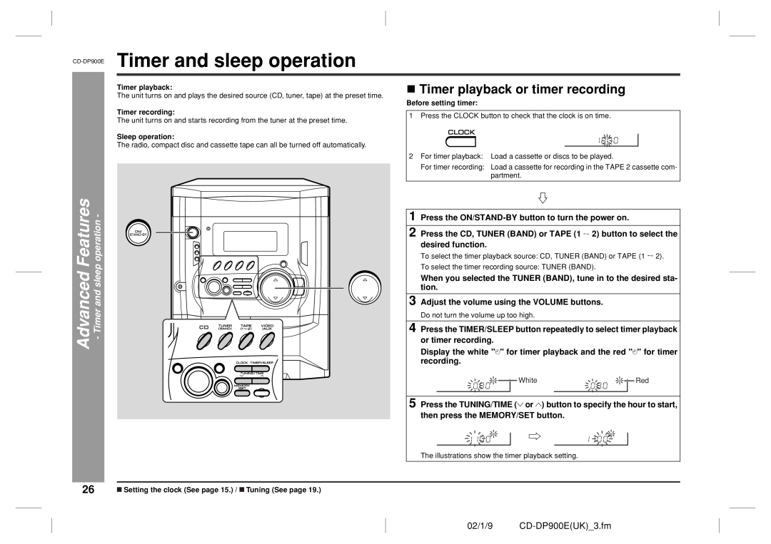 Sharp operation manual Timer and sleep operation, Timer playback or timer recording, 02/1/9 CD-DP900EUK 3.fm 
