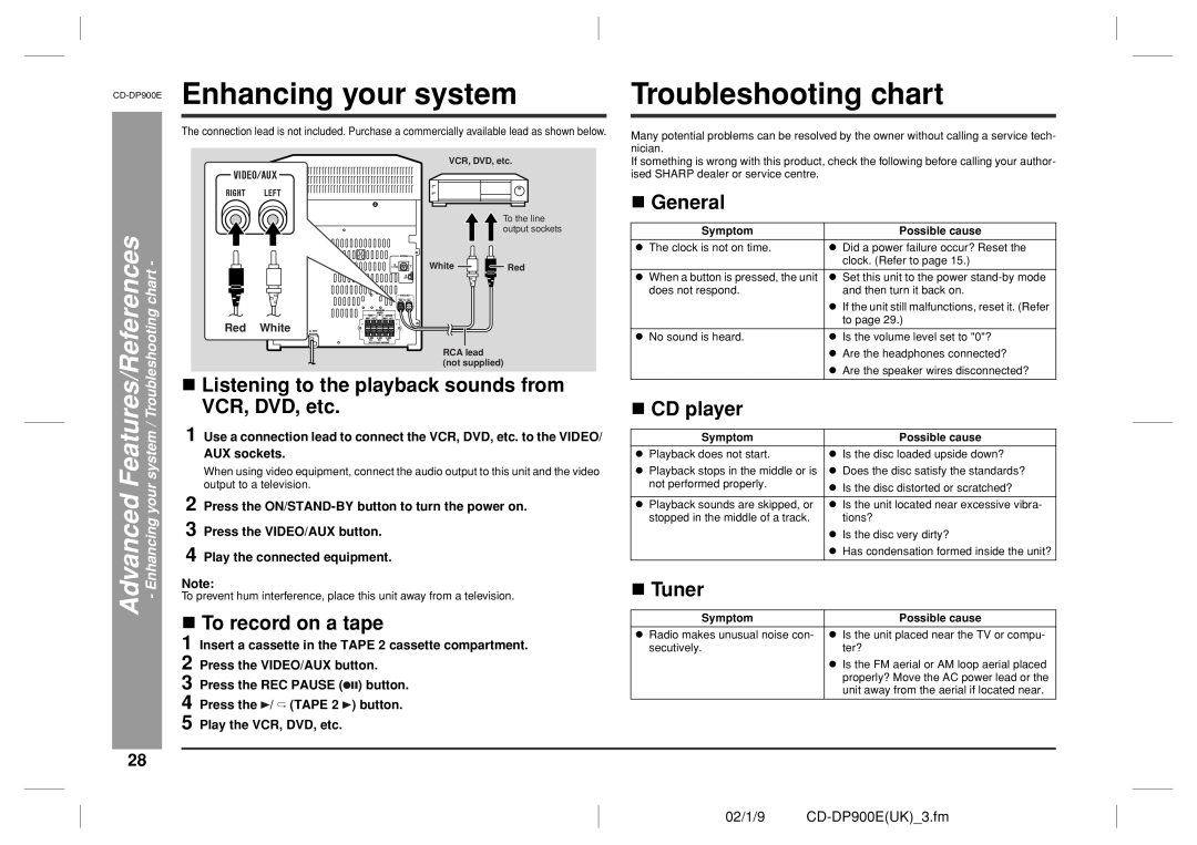 Sharp CD-DP900E Enhancing your system, Troubleshooting chart, Advanced Features/References, CD player, Tuner, General 
