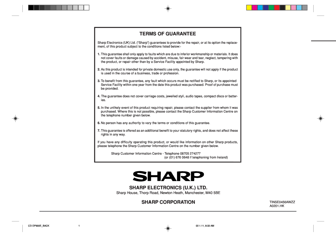 Sharp CD-DP900E operation manual Terms Of Guarantee, Sharp Corporation 